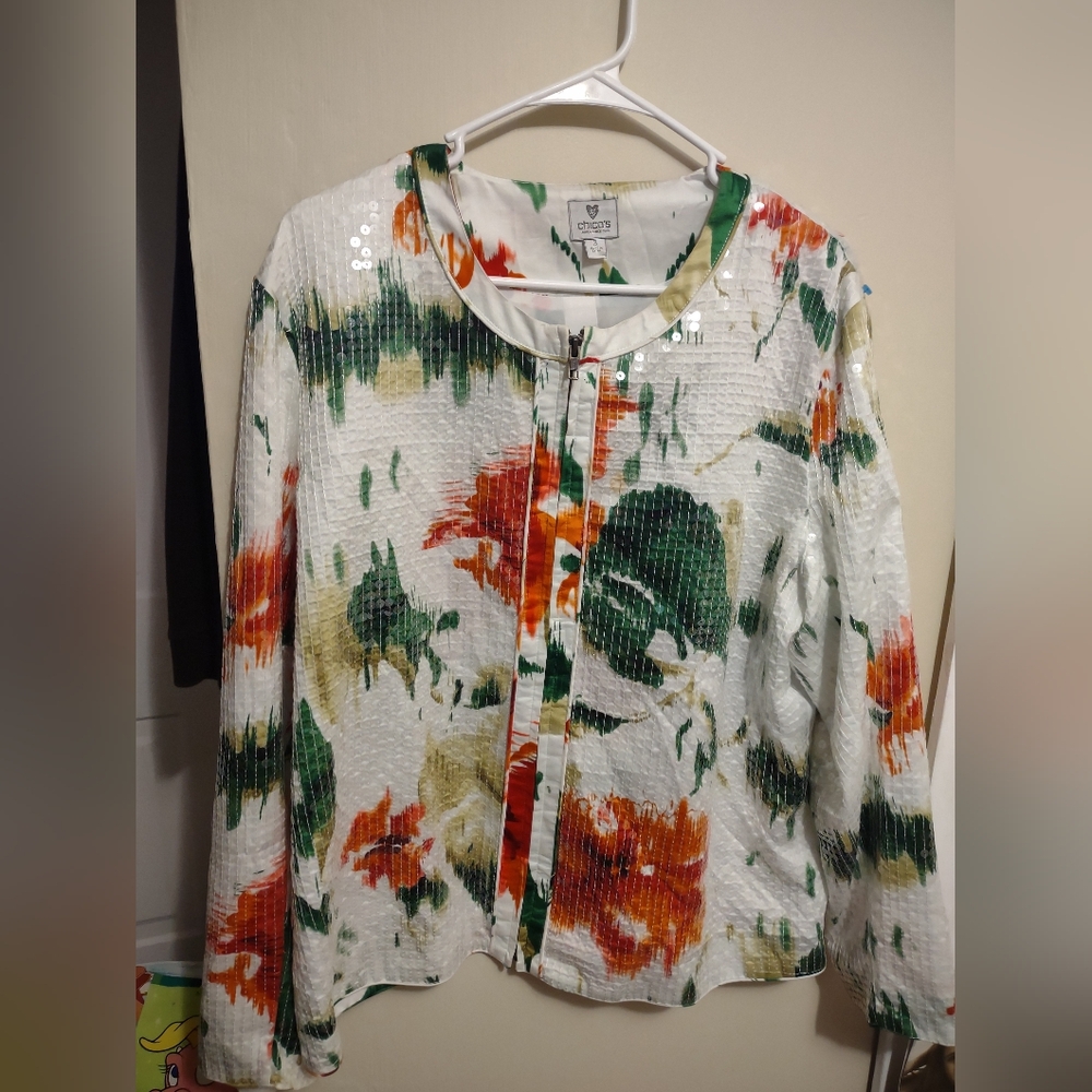Chico's Women's 3/XL Shimmer Floral Giovanna Sequin Zip Jacket Optic‎ White Glam